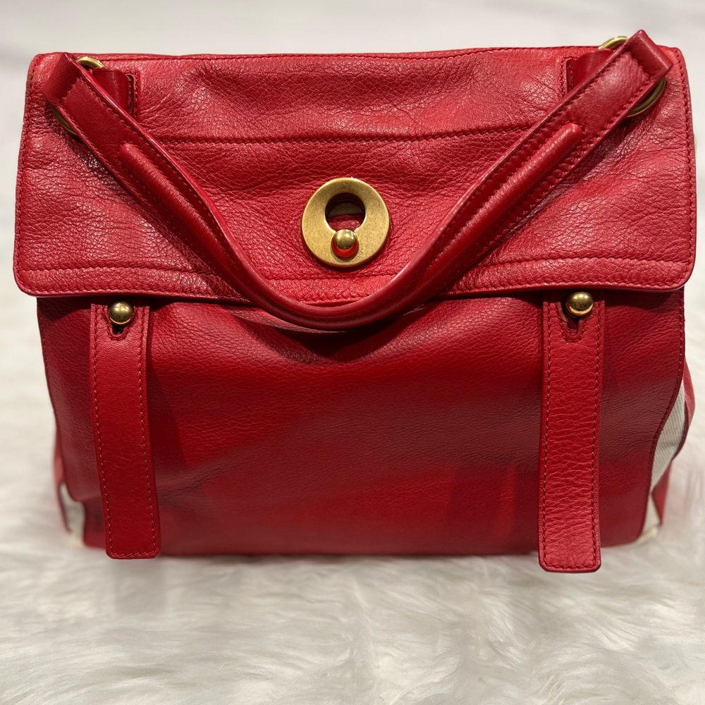 YSL Mombasa Lock Convertible Tote (Red Leather / Cream Canvas)